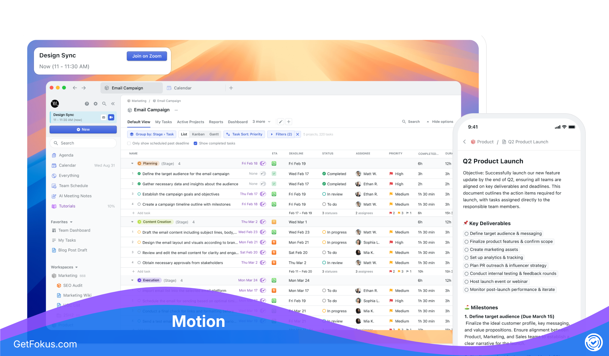 Motion-Oberfläche mit KI-gestützter Kalenderplanung und automatischer Neuplanung