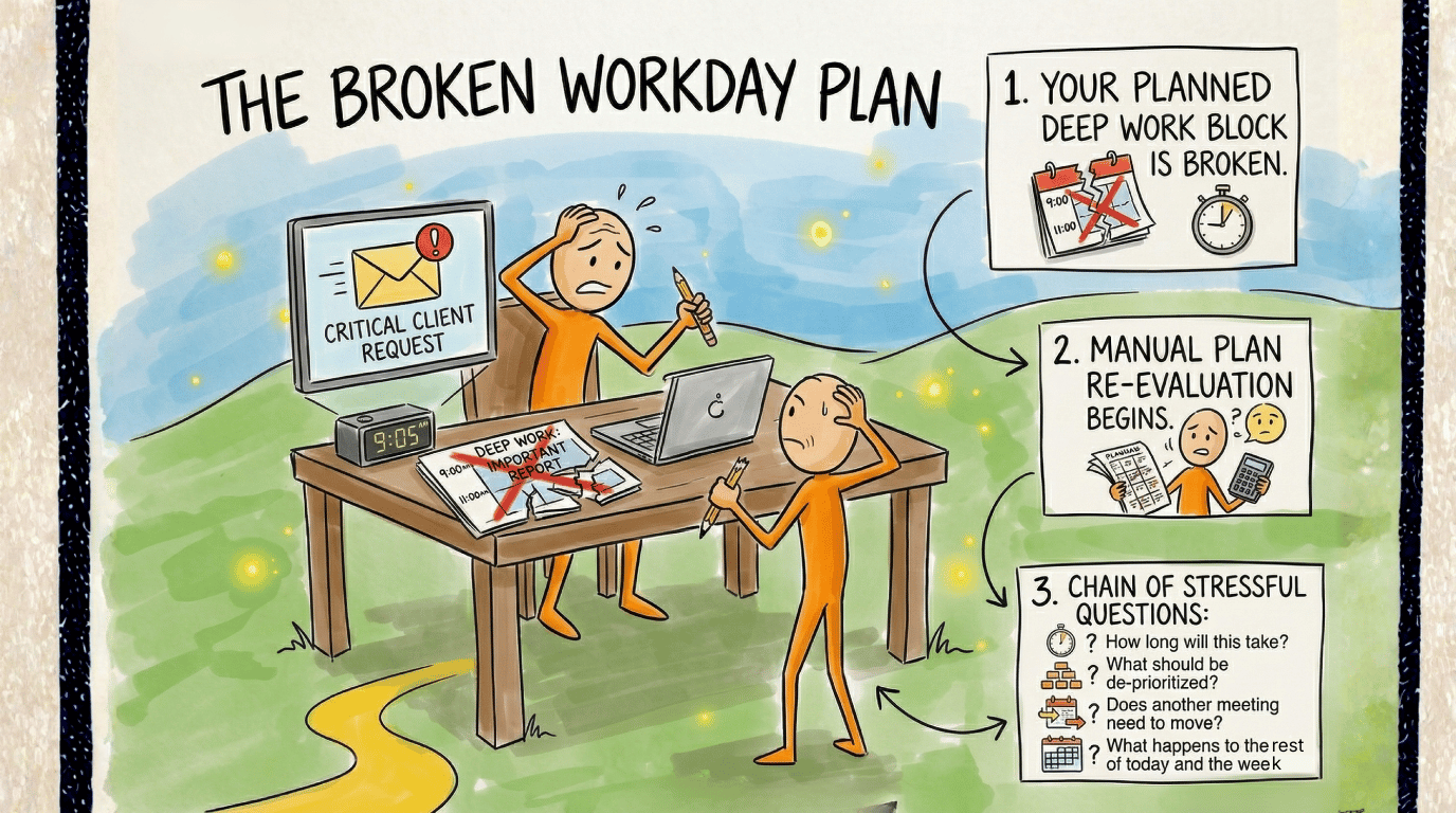 Visualisierung eines zerbrochenen Arbeitstagsplans mit unterbrochenem Deep-Work-Block und manueller Neuplanung