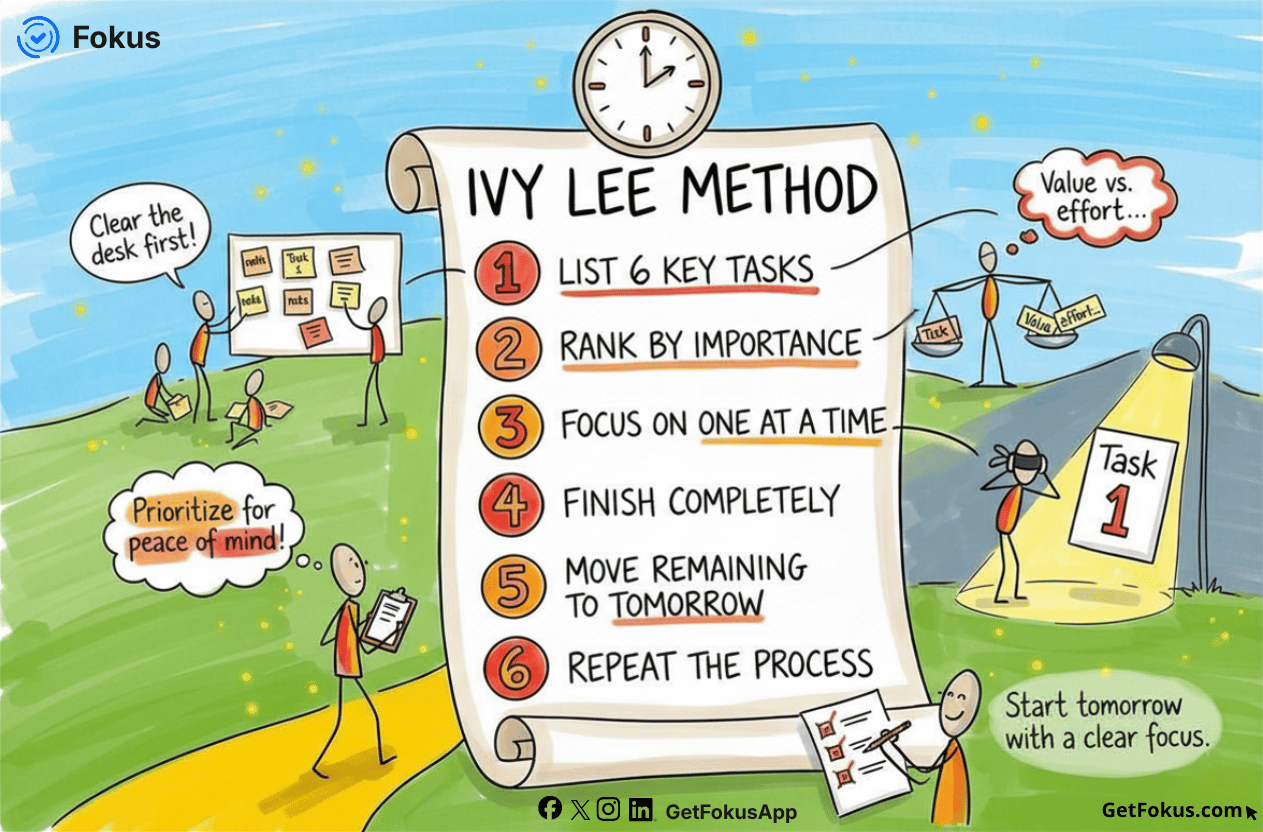 طريقة Ivy Lee — اكتب ست مهام، رتّبها، اعمل بالترتيب