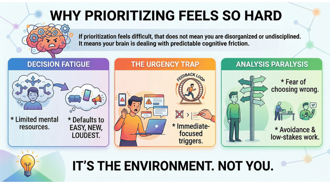 Illustration dazu, warum Priorisieren so schwer fällt: Decision Fatigue, Dringlichkeitsfalle und Analysis Paralysis