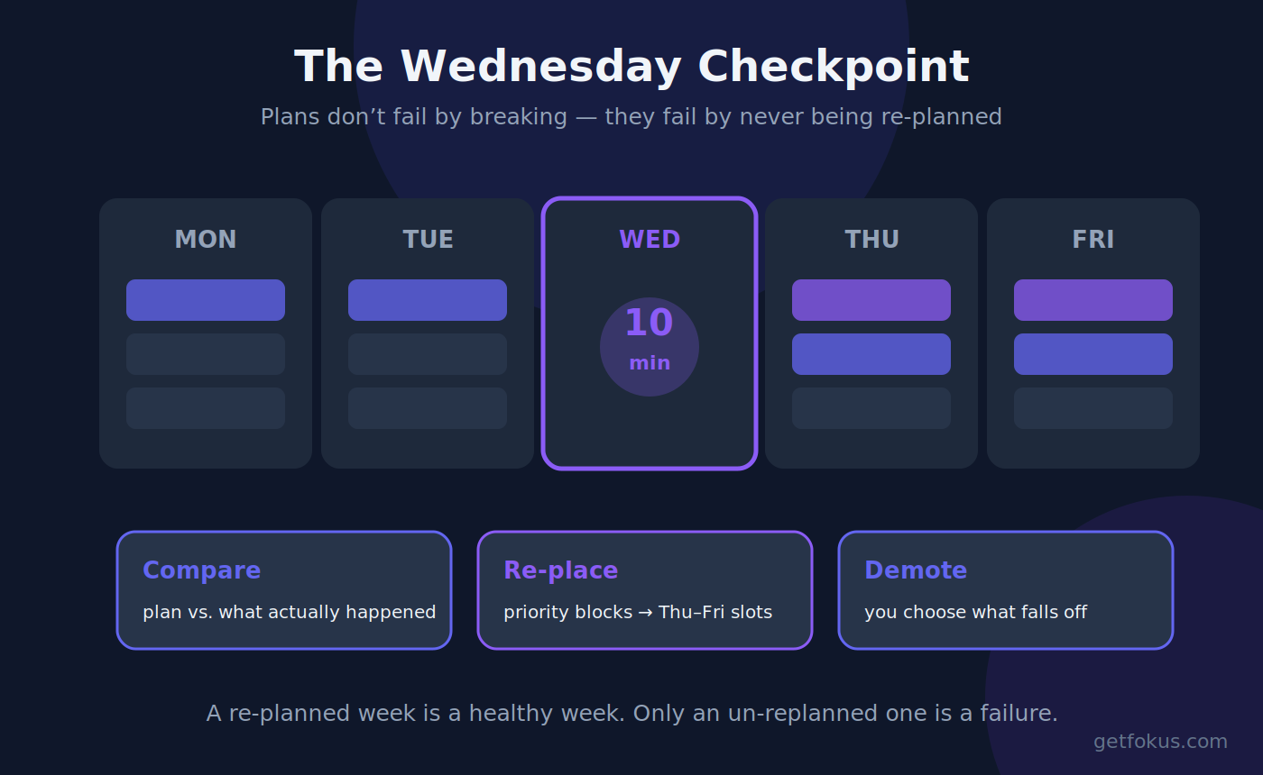 Infographic: the Wednesday checkpoint — compare plan vs. actual, re-place priority blocks, consciously demote the rest